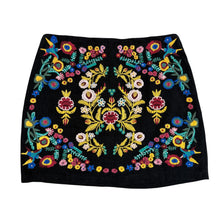 Load image into Gallery viewer, Black Floral Embroidered Boho Mini Skirt Size Medium
