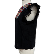 Load image into Gallery viewer, Black Cotton Embroidered Tunic Top with Pom Pom Sleeves Size Small
