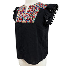 Load image into Gallery viewer, Black Cotton Embroidered Tunic Top with Pom Pom Sleeves Size Small
