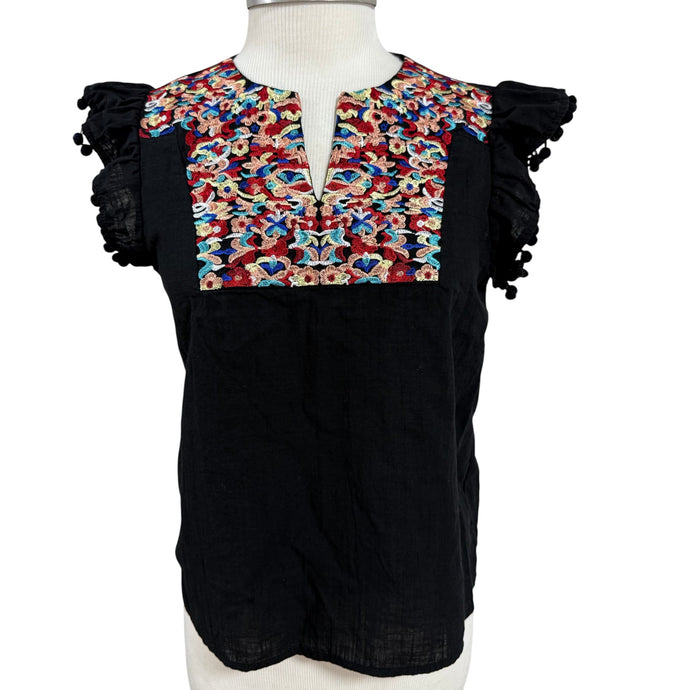 Black Cotton Embroidered Tunic Top with Pom Pom Sleeves Size Small