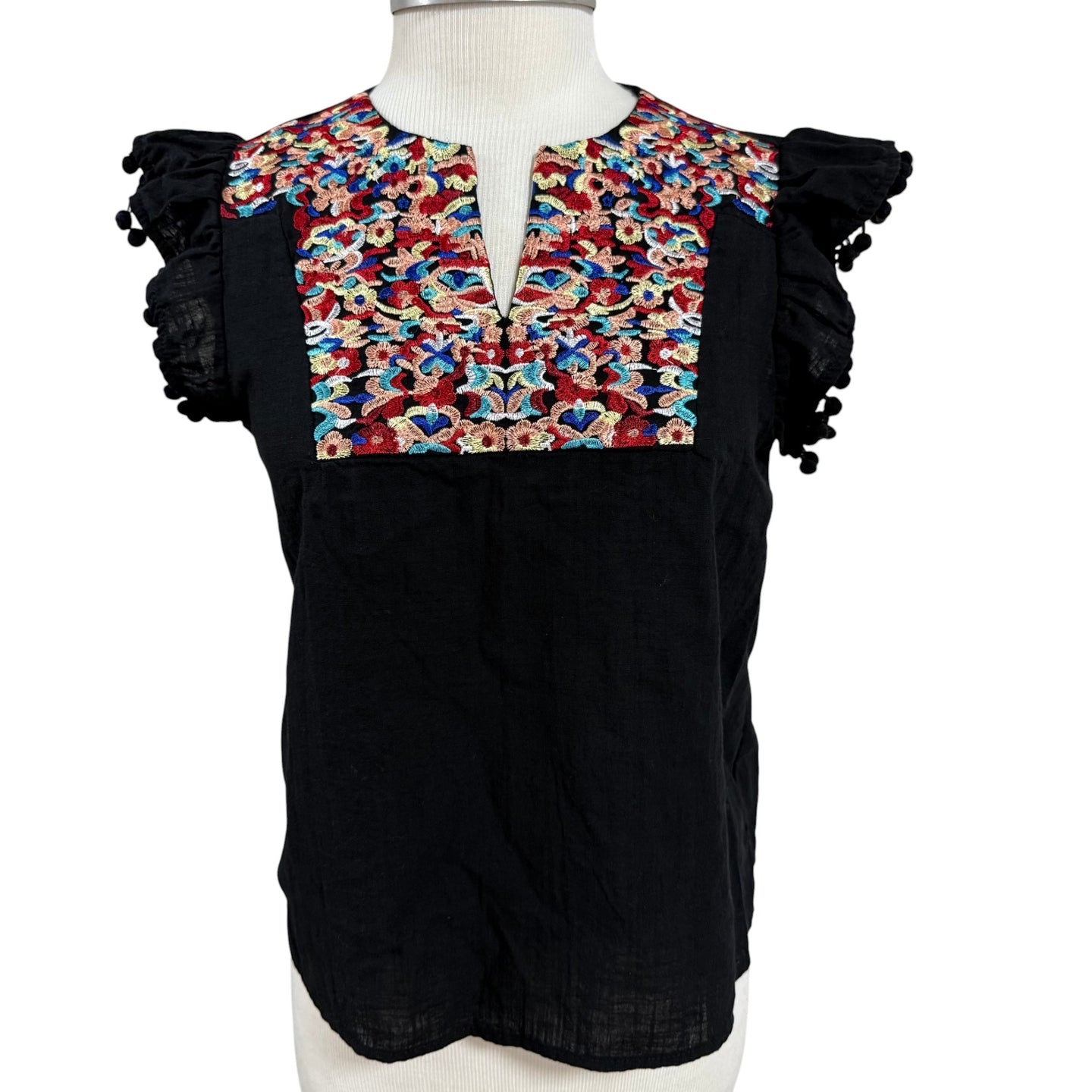 Black Cotton Embroidered Tunic Top with Pom Pom Sleeves Size Small