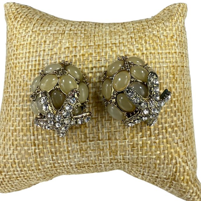 Vintage Gold Starfish Rhinestone Stud Earrings with Beige Cabochons