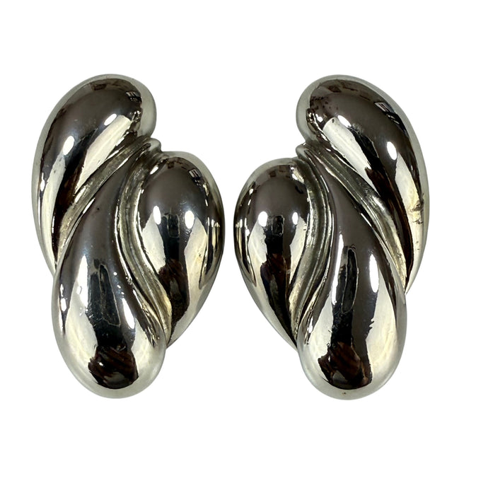 Vintage Les Bernard 80s Bold sculptural Silver tone Clip-On Earrings