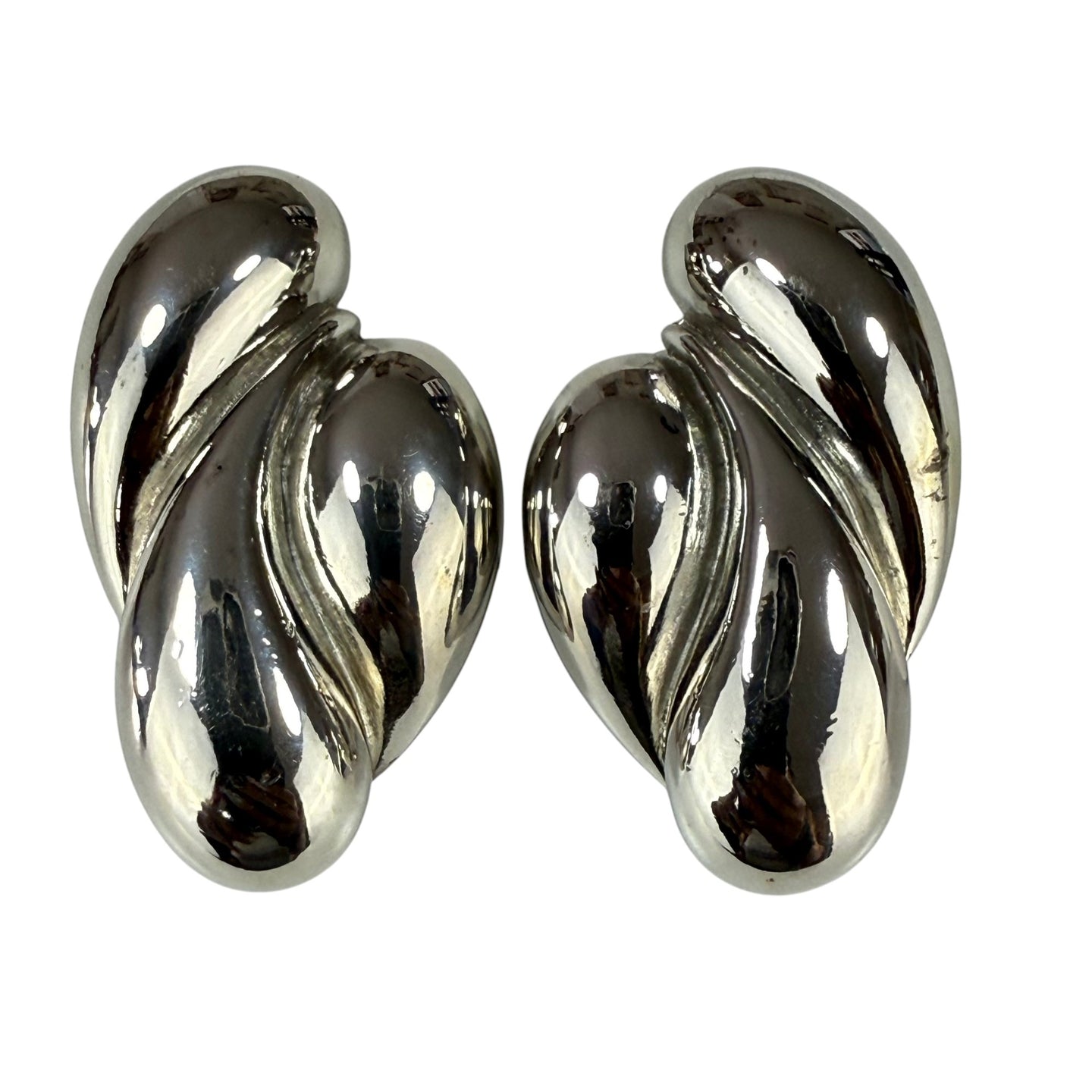 Vintage Les Bernard 80s Bold sculptural Silver tone Clip-On Earrings