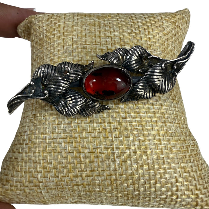 Vintage Silvertone Feather Brooch with Red Cabochon – Mid-Century Statement Pin