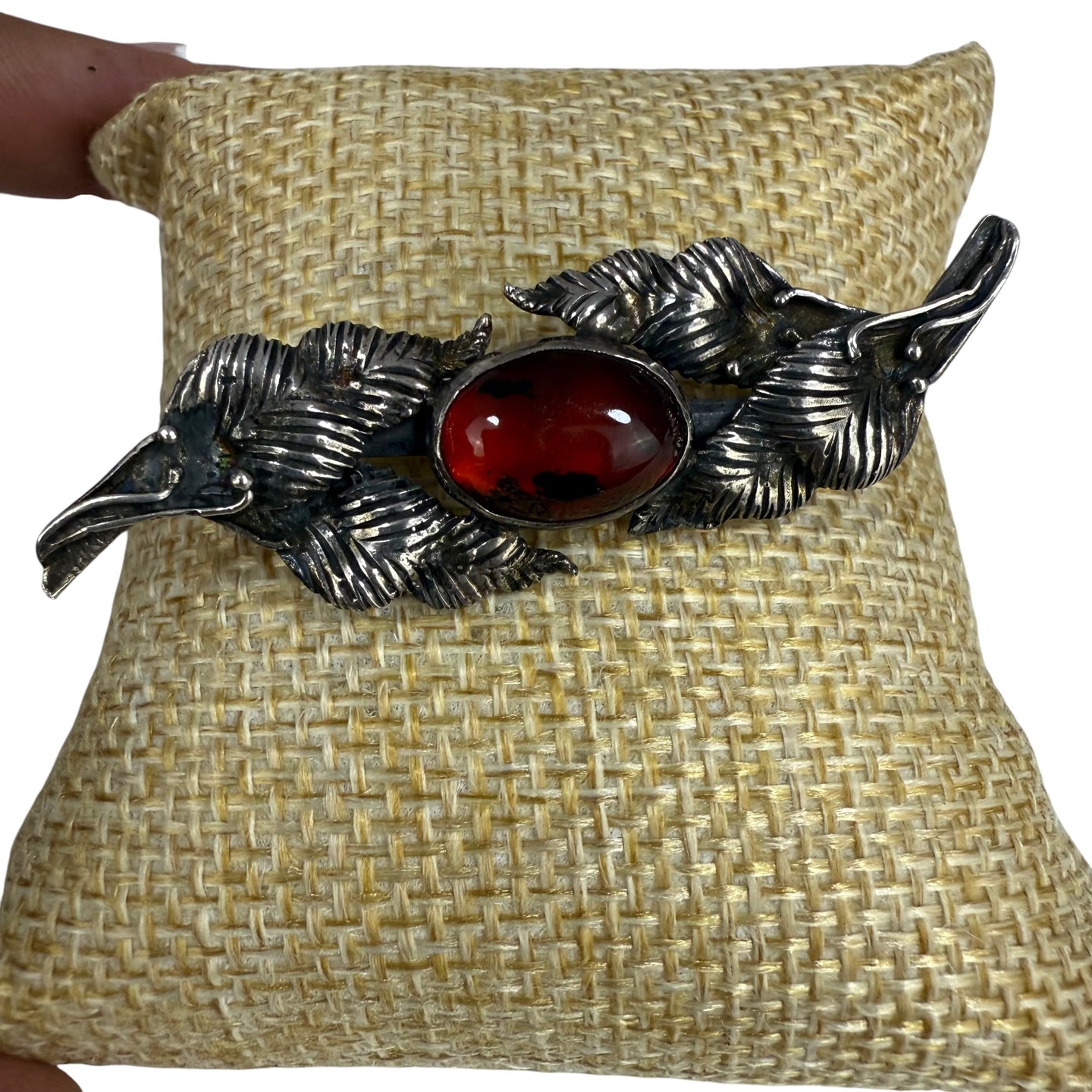Vintage Silvertone Feather Brooch with Red Cabochon – Mid-Century Statement Pin