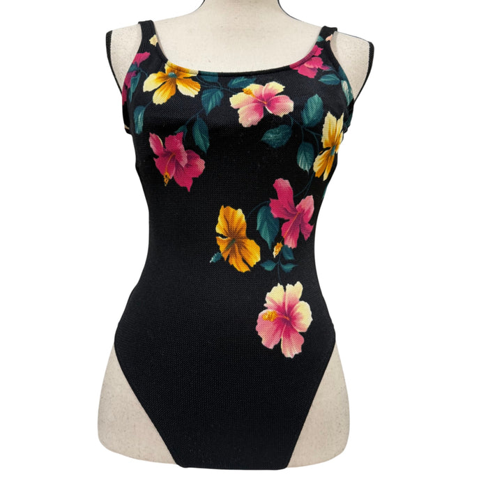 VTG Black Floral High Cut One Piece Swimsuit Size Small Made in USA