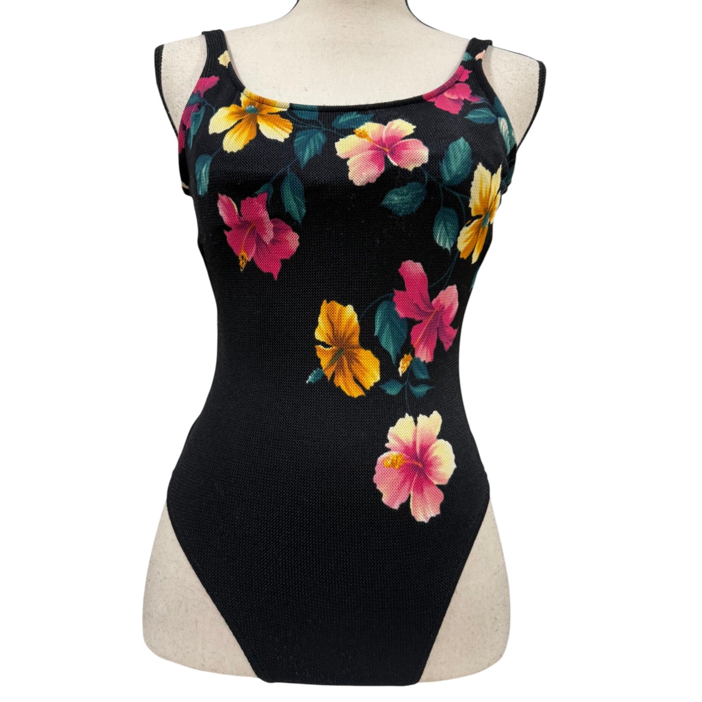 VTG Black Floral High Cut One Piece Swimsuit Size Small Made in USA