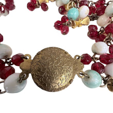 Load image into Gallery viewer, Mid Century Multi Strand Beaded Collar Necklace Ruby Glass Swirl Beads Crown Clasp
