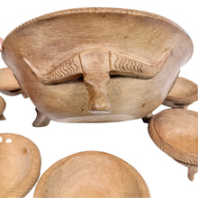 Load image into Gallery viewer, Vintage 1970s Hand Carved Wood Longhorn Steer Salad Set | Large Bowl &amp; 8 Small Bowls
