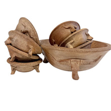 Load image into Gallery viewer, Vintage 1970s Hand Carved Wood Longhorn Steer Salad Set | Large Bowl &amp; 8 Small Bowls
