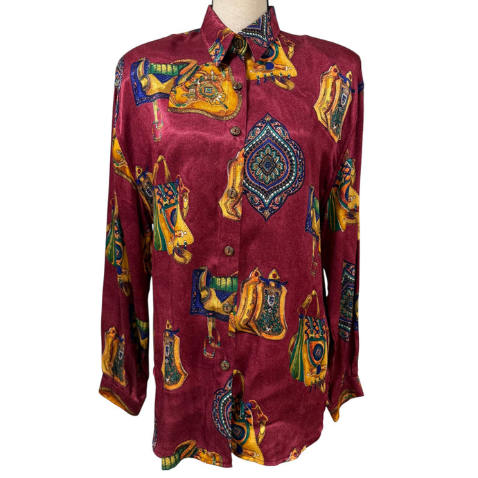 VTG 90s Equestrian Gold Baroque Saddle Scarf Style Button up Shirt L/XL