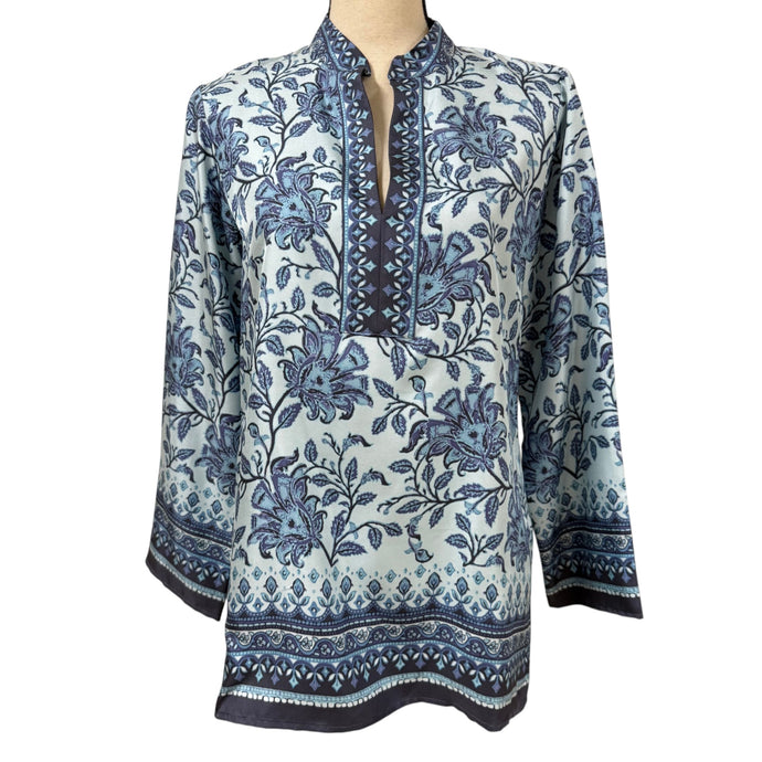Blue 100% Silk Floral Tunic Top Size XS