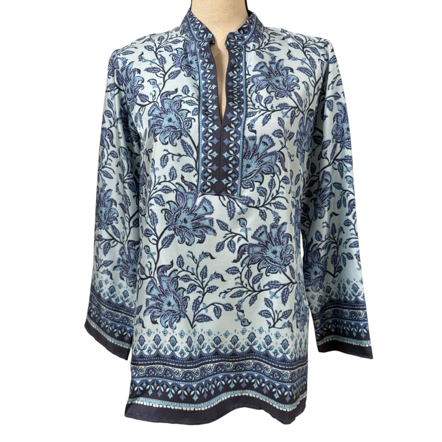 Blue 100% Silk Floral Tunic Top Size XS