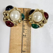 Load image into Gallery viewer, 80s 90s CINER Faux Pearl Multi Cabochon Statement Clip On Earrings Gold Tone

