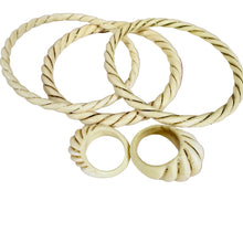 Load image into Gallery viewer, Vintage Carved Natural Bone Jewelry Set 3 Twist Bangles 2 Swirl Dome Rings Gold Wire
