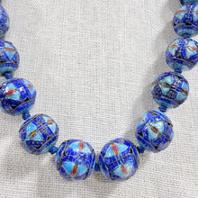 Load image into Gallery viewer, Mid Century Cobalt Blue Cloisonne Enamel Bead Strand Necklace Filigree Clasp
