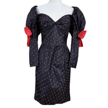 Load image into Gallery viewer, Vintage 80s Isabelle Allard Paris Puff Sleeve Silk Cocktail Dress Black Red Bows Medium
