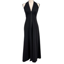Load image into Gallery viewer, VTG 70s Black Halter Maxi Dress Plunge Convertible Rhinestone Zipper Size Small
