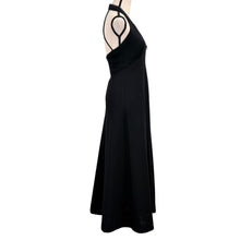 Load image into Gallery viewer, VTG 70s Black Halter Maxi Dress Plunge Convertible Rhinestone Zipper Size Small
