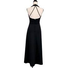 Load image into Gallery viewer, VTG 70s Black Halter Maxi Dress Plunge Convertible Rhinestone Zipper Size Small
