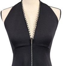 Load image into Gallery viewer, VTG 70s Black Halter Maxi Dress Plunge Convertible Rhinestone Zipper Size Small
