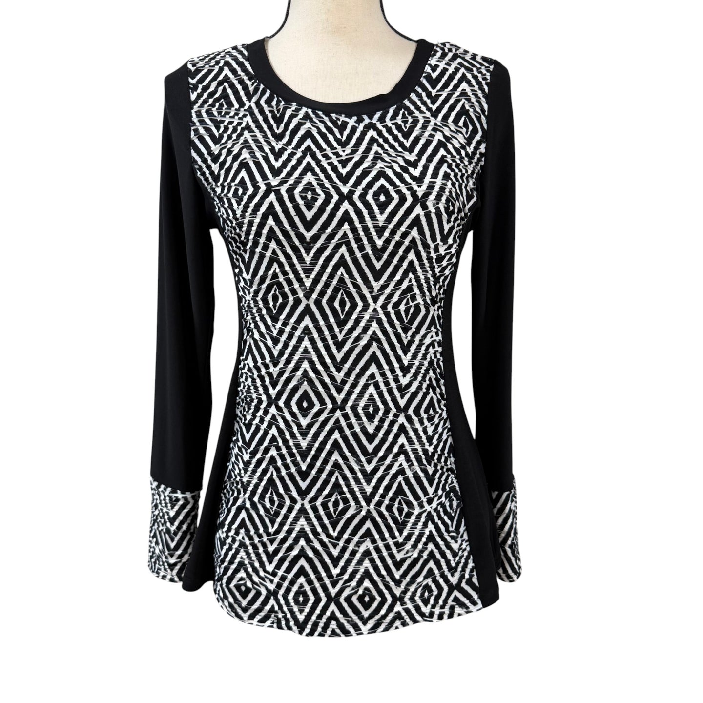VTG 90s Geometric Long Sleeve Black & White Top Size Small P