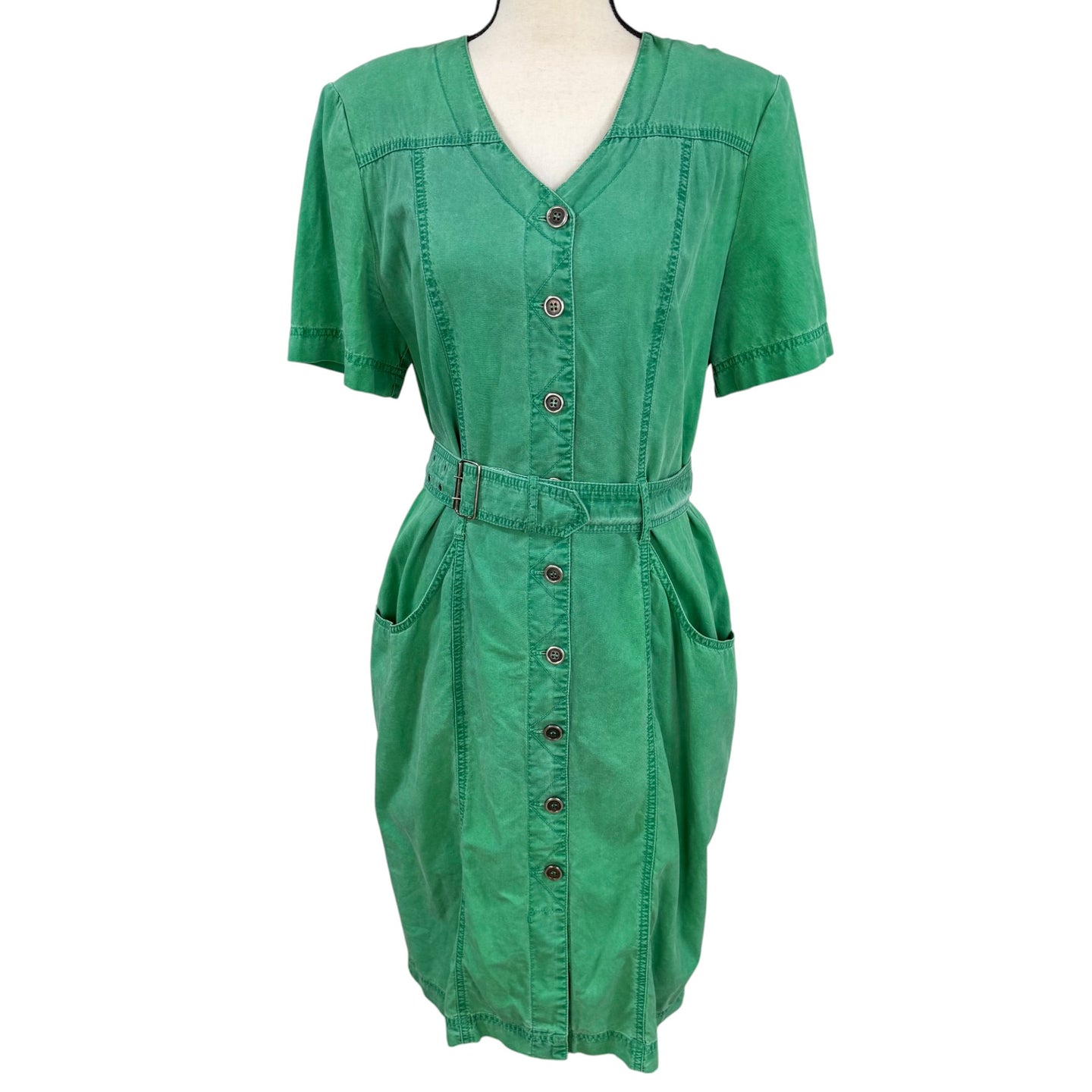 Vintage 80s Betty Barclay 100% Cotton Shirt Dress in Kelly Green Size Large