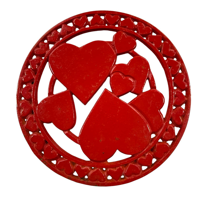 Vintage Red Cast Iron Trivet with Hearts – Mid-Century Kitchen Decor, Valentine’s Day Accent