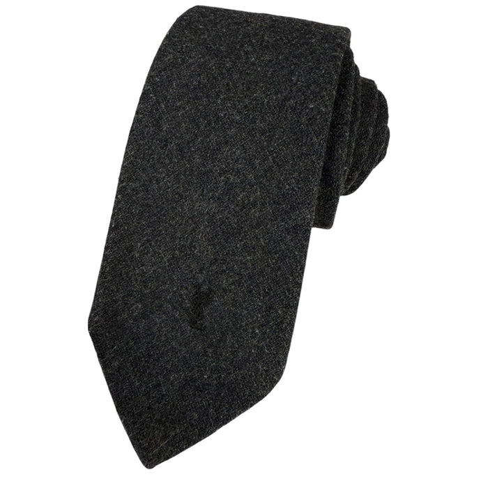 80s YSL Minimalist Embroidered Logo Grey Wool Necktie