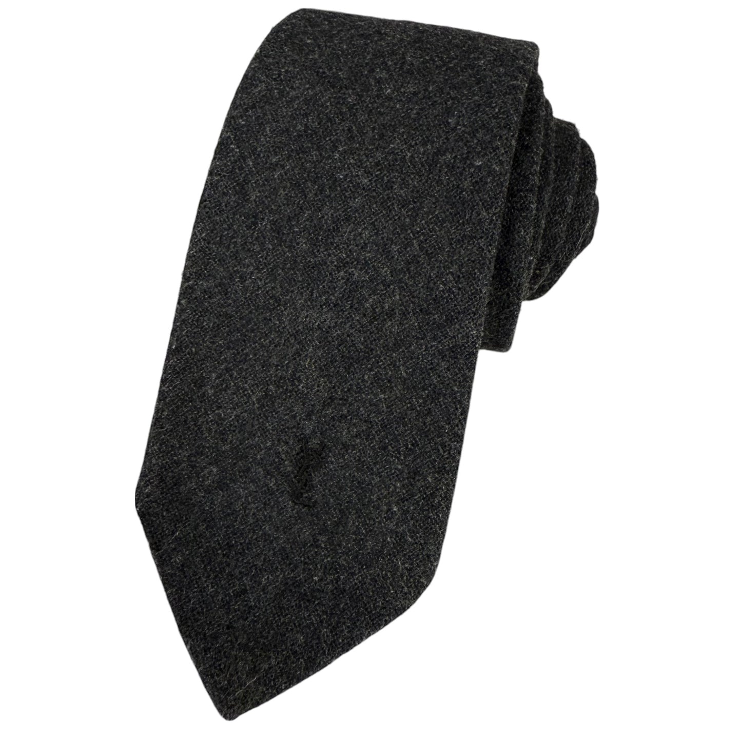 80s YSL Minimalist Embroidered Logo Grey Wool Necktie