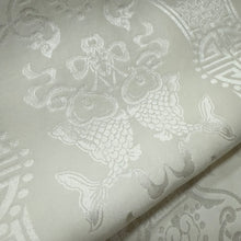 Load image into Gallery viewer, Vintage 100% Silk White Asian Jacquard Fringe Shawl Scarf 67” x 13.5” Longevity &amp; Fish
