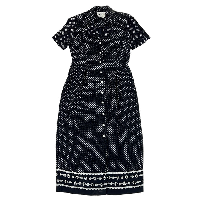 Vintage SL Fashions Black White Polka Dot Dress Short Sleeves Size 10