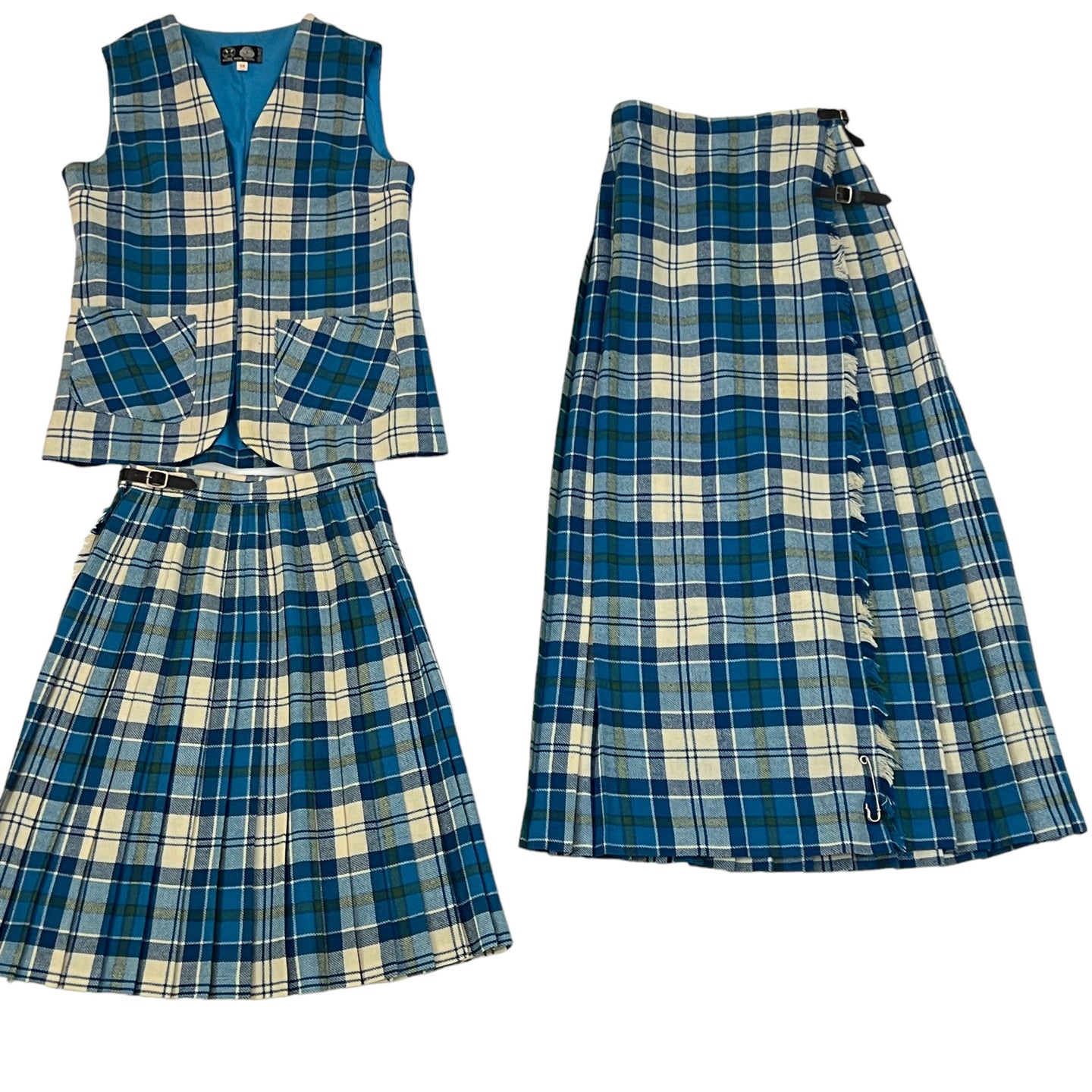  Pure Wool Kilt Set with Turquoise Blue Plaid Size S/M