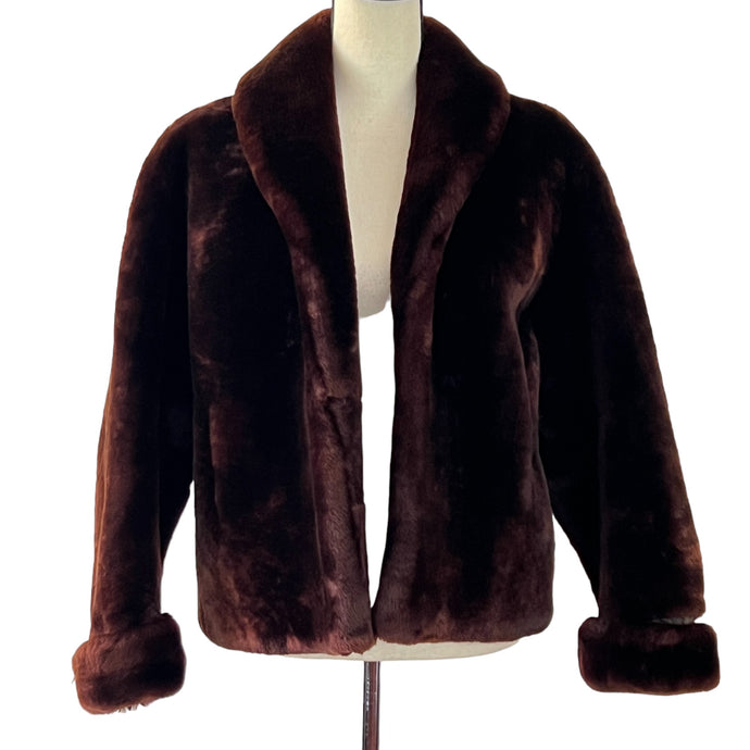 Vintage 50s Dark Brown Faux Fur Cropped Jacket Size Small