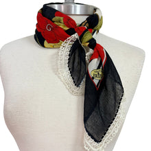 Load image into Gallery viewer, VTG Fantazi Black Floral Scarf Needle Lace Trim
