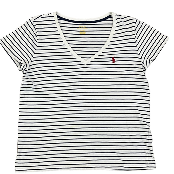 Polo Ralph Lauren White & Navy Striped Cotton V-Neck T-Shirt Size Medium 
