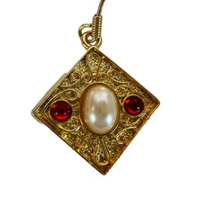 Load image into Gallery viewer, Edwardian Design Gold Tone Earrings Pierced Faux Pearl Red Jewels 1.5&quot;
