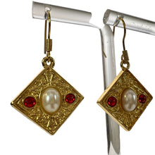 Load image into Gallery viewer, Edwardian Design Gold Tone Earrings Pierced Faux Pearl Red Jewels 1.5&quot;
