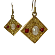 Load image into Gallery viewer, Edwardian Design Gold Tone Earrings Pierced Faux Pearl Red Jewels 1.5&quot;
