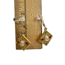 Load image into Gallery viewer, Edwardian Design Gold Tone Earrings Pierced Faux Pearl Red Jewels 1.5&quot;
