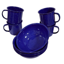 Load image into Gallery viewer, Vintage Blue Speckled Camp Mug &amp; Bowl Set of 4
