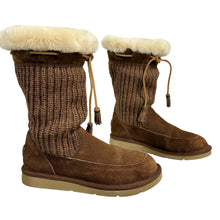 Load image into Gallery viewer, UGG Brown Suede &amp; Shearling Knit Boots Size 6
