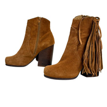 Load image into Gallery viewer, Jeffrey Campbell Fringe Suede Block Heel Ankle Boots
