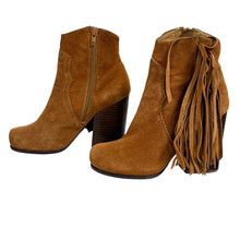Load image into Gallery viewer, Jeffrey Campbell Fringe Suede Block Heel Ankle Boots
