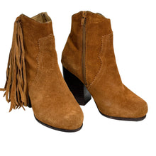 Load image into Gallery viewer, Jeffrey Campbell Fringe Suede Block Heel Ankle Boots
