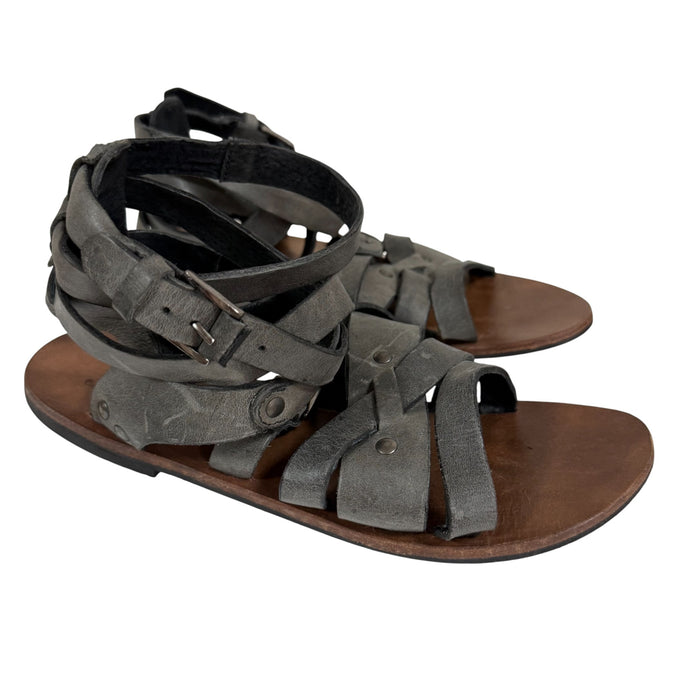 Free People Grey Leather Gladiator Sandals Strappy Ankle Wrap Size 6
