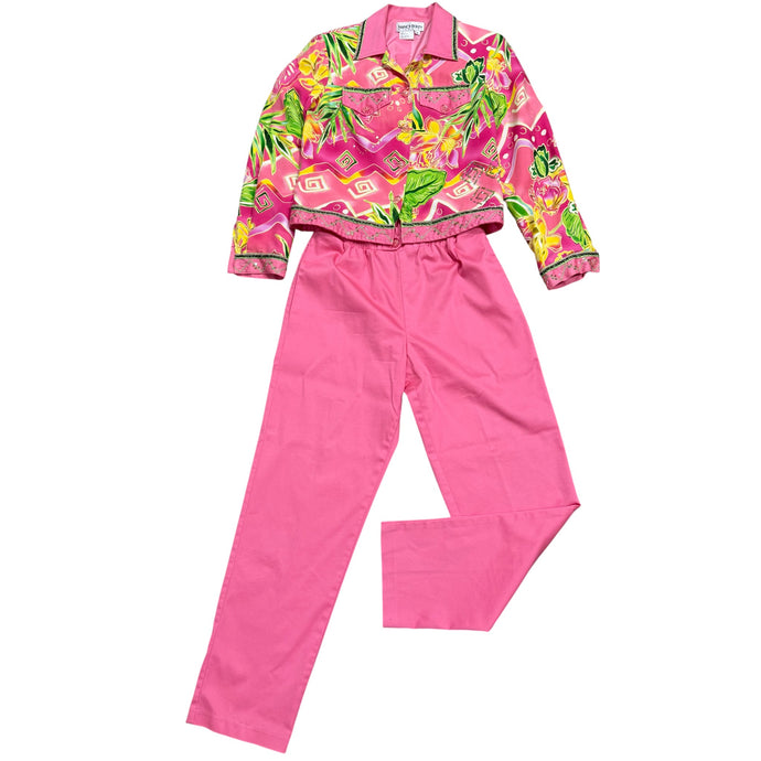 Nancy Bolen City Girl Pink Tropical 90s Pant Suit Set Size Small
