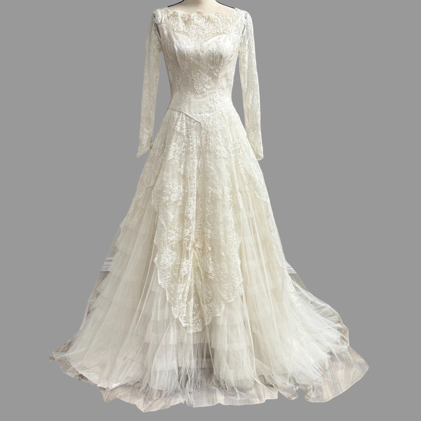 50s Lace Wedding Dress with Illusion Neckline & Train