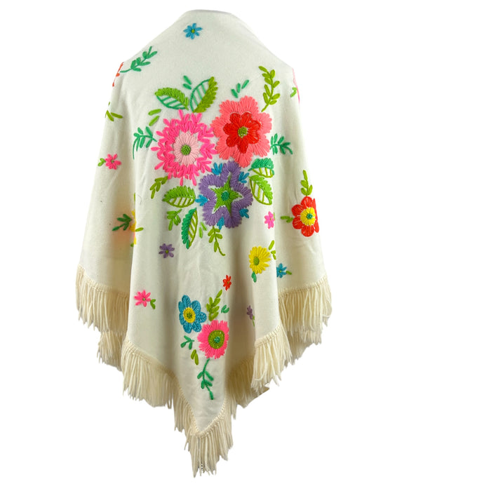 Vintage Canary Island Embroidered Wool Floral Shawl  Blanket 51x55
